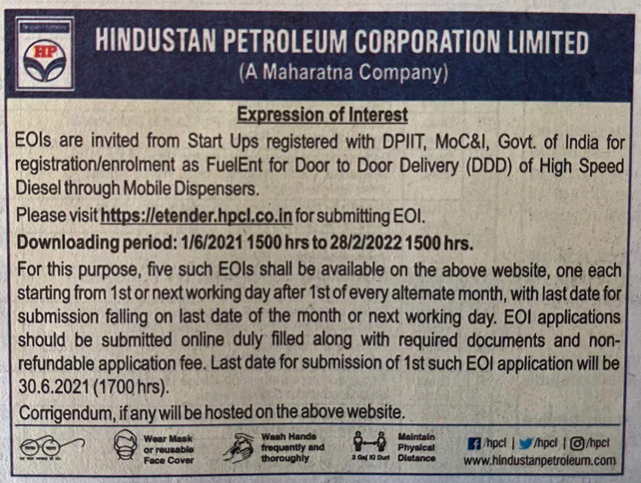 HPCL Door to door Diesel Delivery tender 